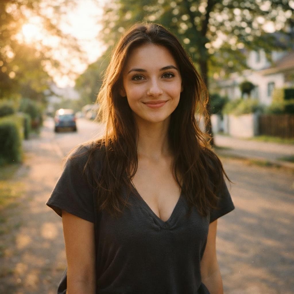 AI generated: A young woman with long, slightly messy hair and light, expressive eyes stands in a sunlit suburban ...