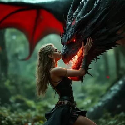AI generated video: She sits on the dragon's back, and the dragon flies with her high into the clouds.