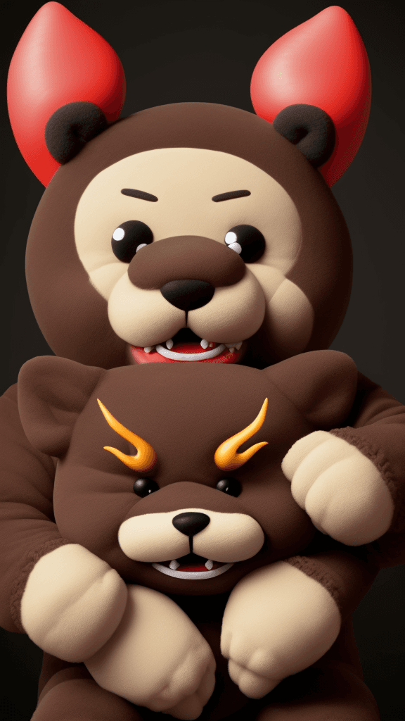 AI generated: cara de un peluche oso malo riendose diabolico, tiene nariz de ceerdo y dientes de diablo