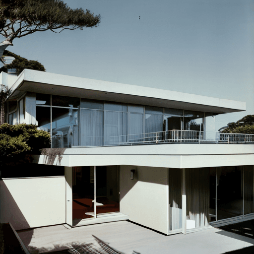 AI generated: Hyper realistic eye level exterior photo of a mid century modern style house overlooking the ocean, ...