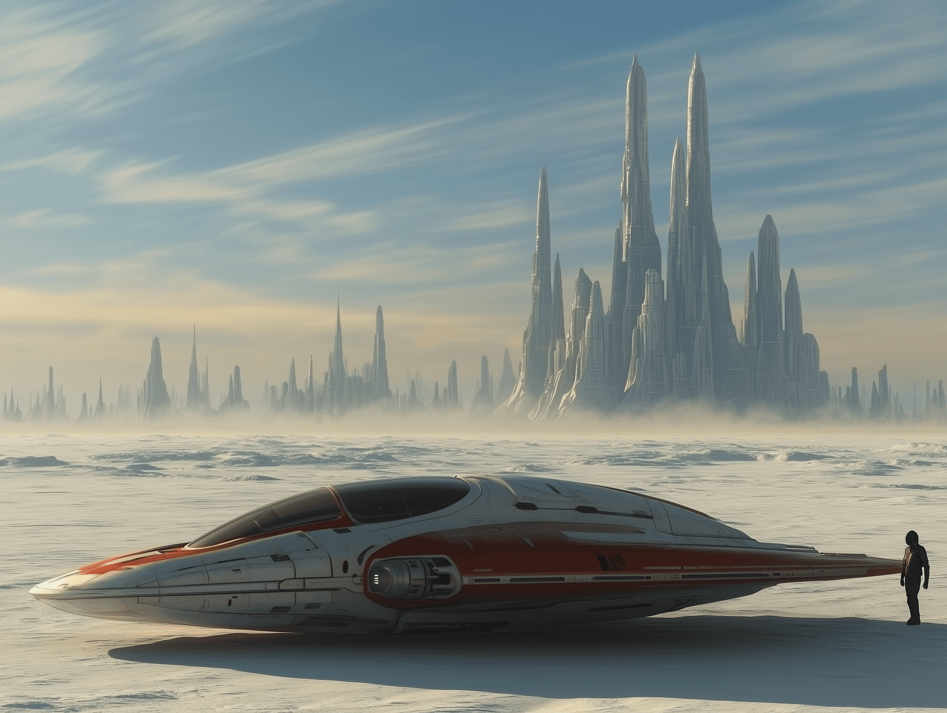 AI generated: A small spacecraft landing on the surface of an alien planet, with tall ancient structures rising in...