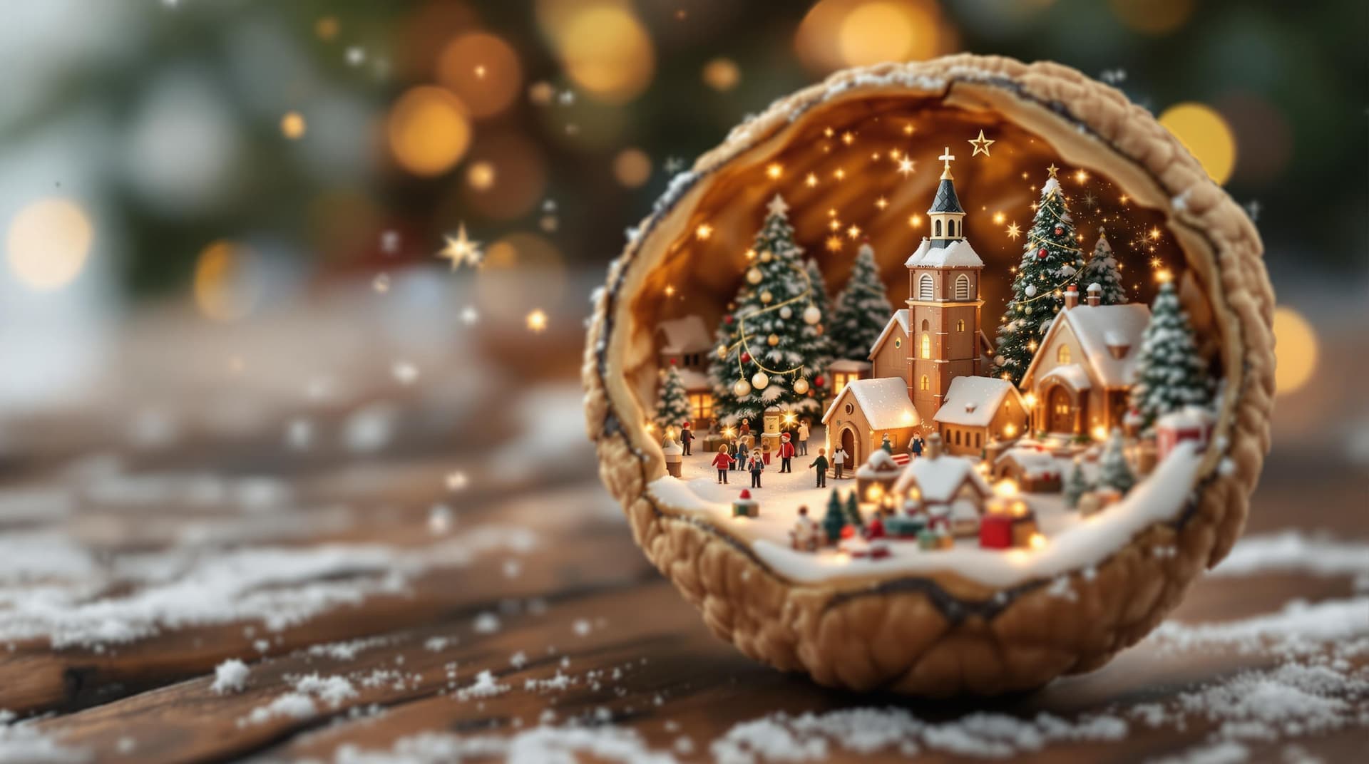 AI generated: A magical Christmas scene inside a cracked walnut shell, resting on a wooden table. One half of the ...