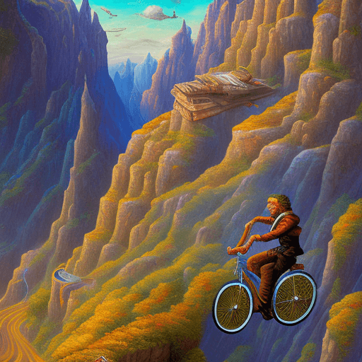 AI generated: Wizard on flying bicycle above canyon, steampunk, Dungeons and Dragons, Vibrant colors, exciting, ar...