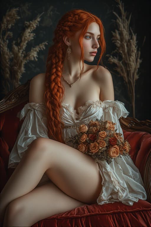 AI generated: (Young woman:1.2), (Caucasian:1.2), (age 25:1.1), long flowing red braided hair, detailed facial fea...