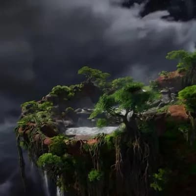 AI generated video: A floating microplanet reveals a dense jungle, its surface overgrown with thick vines and towering t...