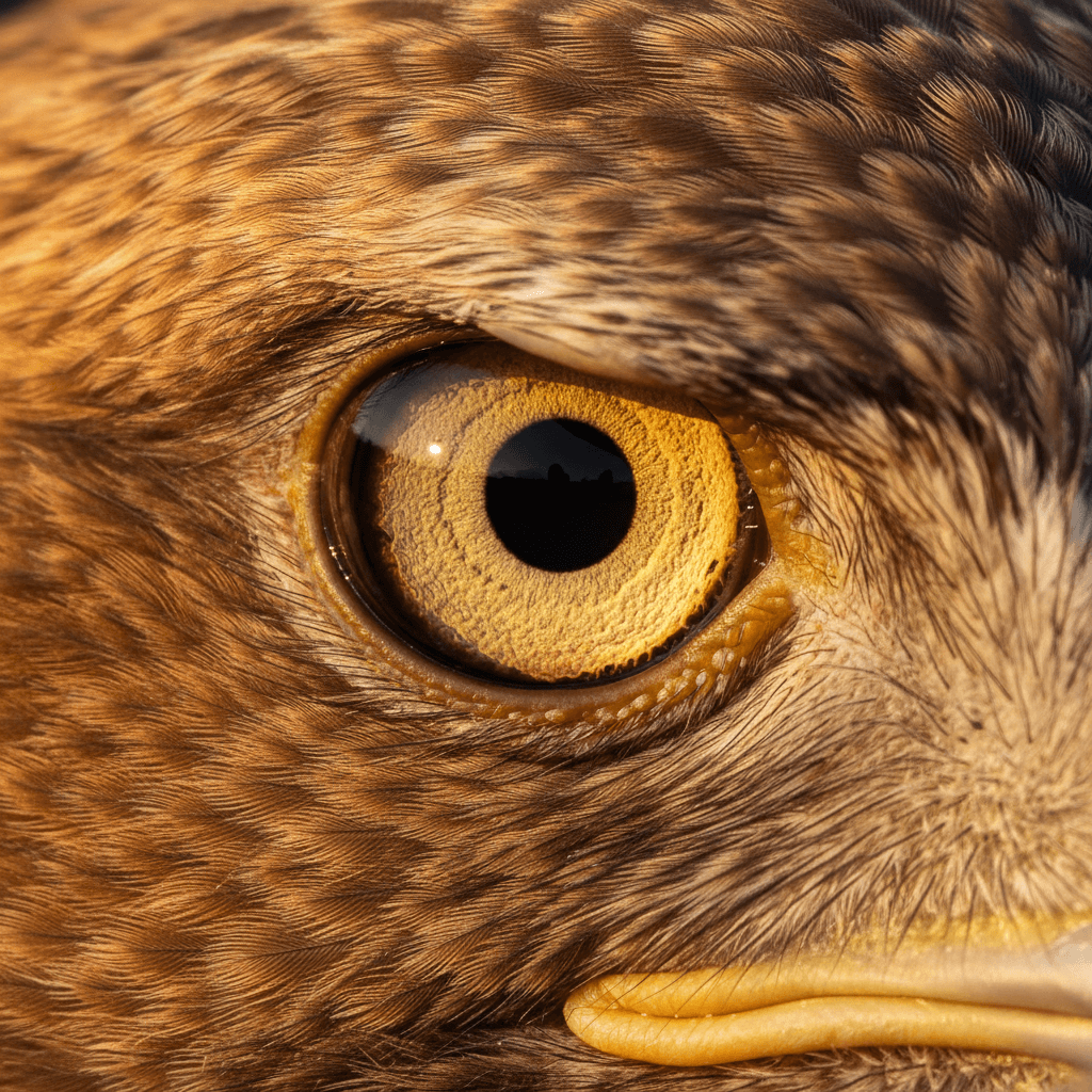 AI generated: "Macro close-up of an eagle’s eye — sharp glowing iris with golden feathers around"