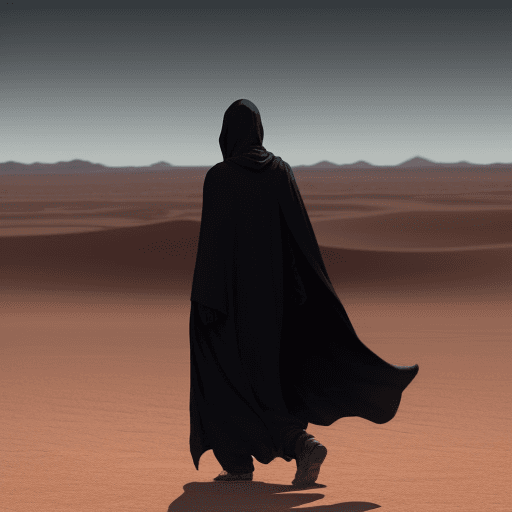 AI generated: Mysterious figure in striking cloak walking through the desert