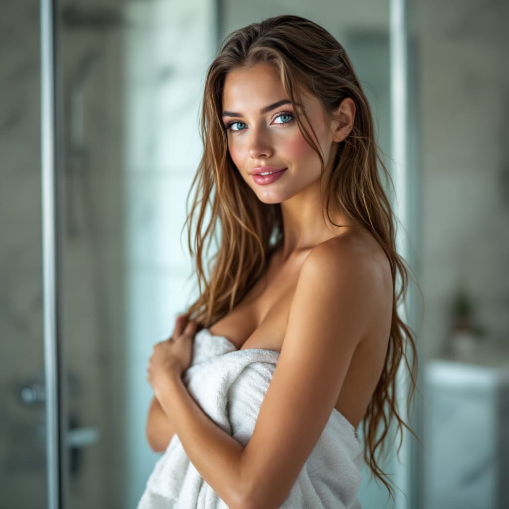 AI generated: HDR photo of beautiful fair skin woman with long light brunette hair, fit body, light-blue eyes, fro...