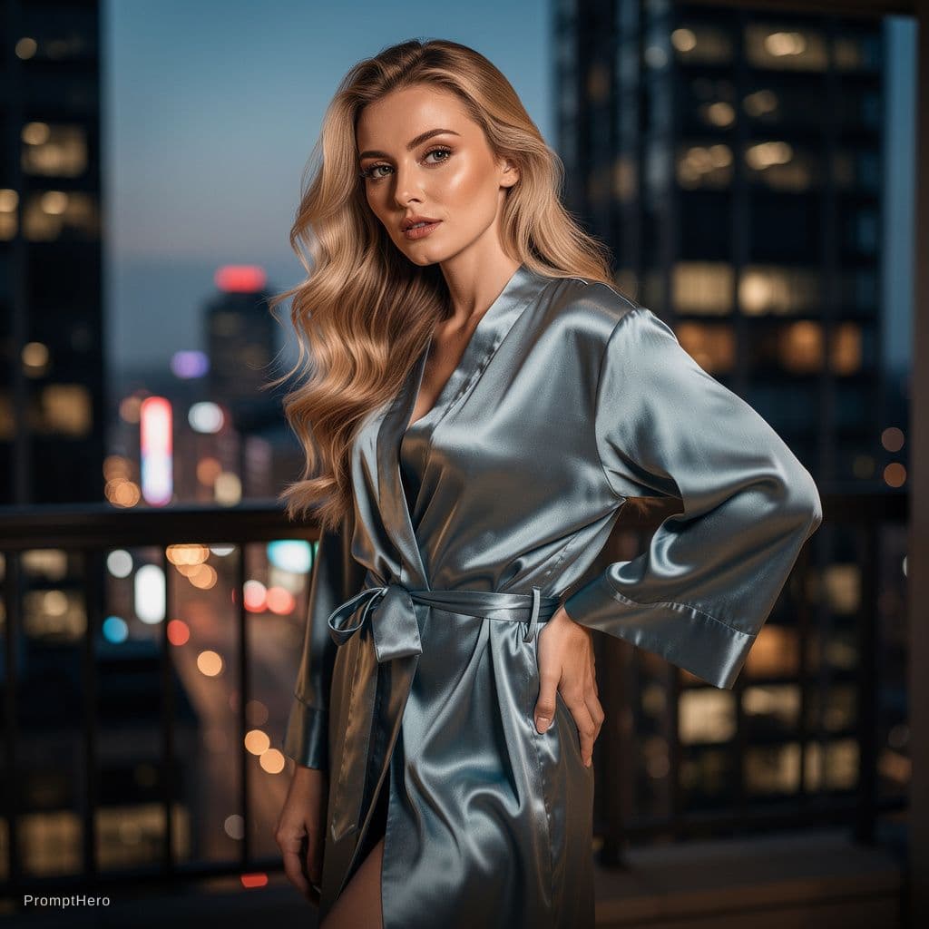 AI generated: A blonde woman with long, softly waved hair cascading over her shoulders stands in a silk robe loose...