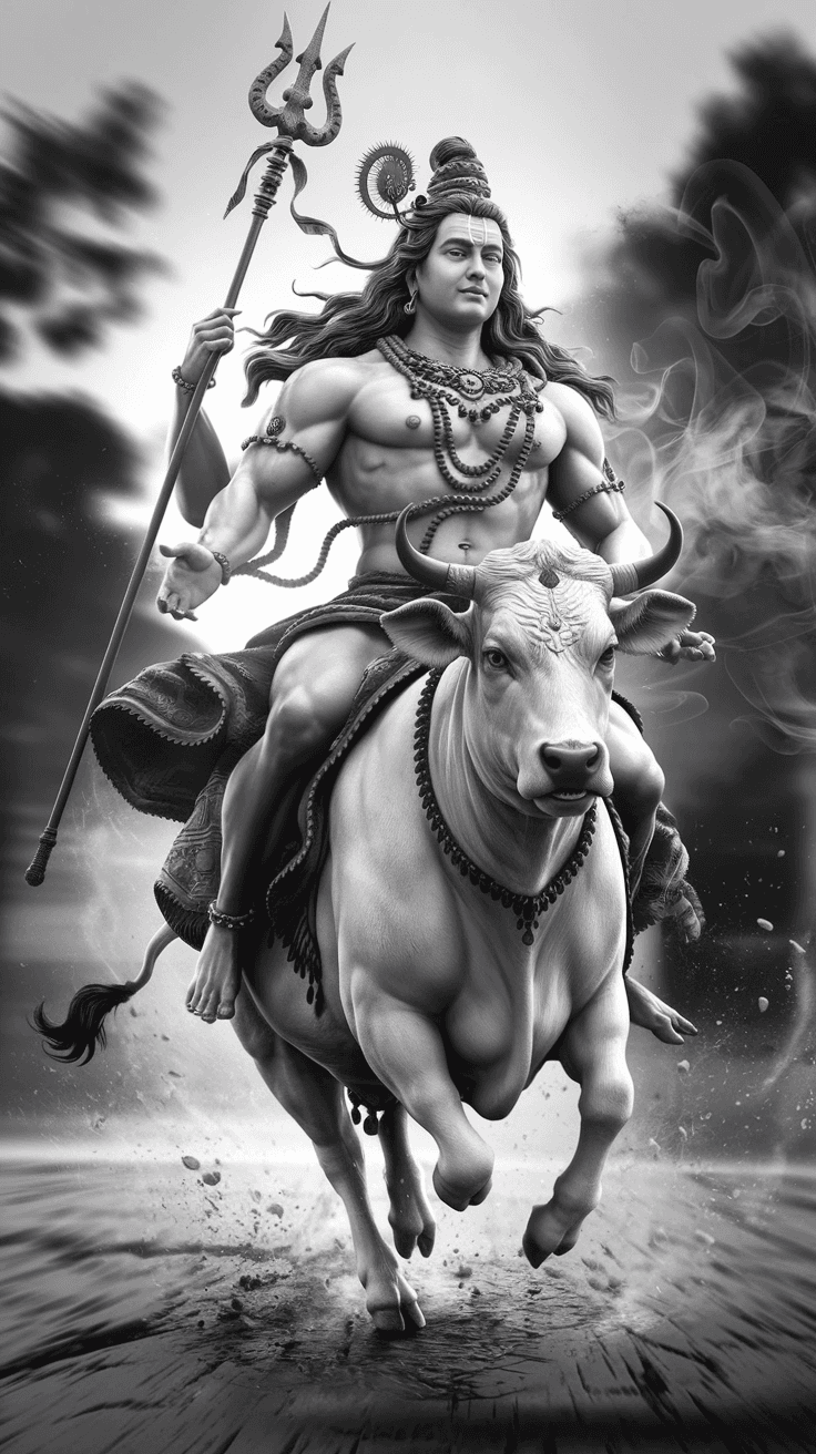 AI generated: Black and white art of lord shiva holding Trident (trishul) in one hand, riding his white cow in ful...