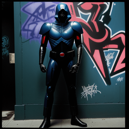 AI generated: cobra commander black cyborg photo, full body, dslr, 80s style, movie still, 35mm film, graffiti’s a...