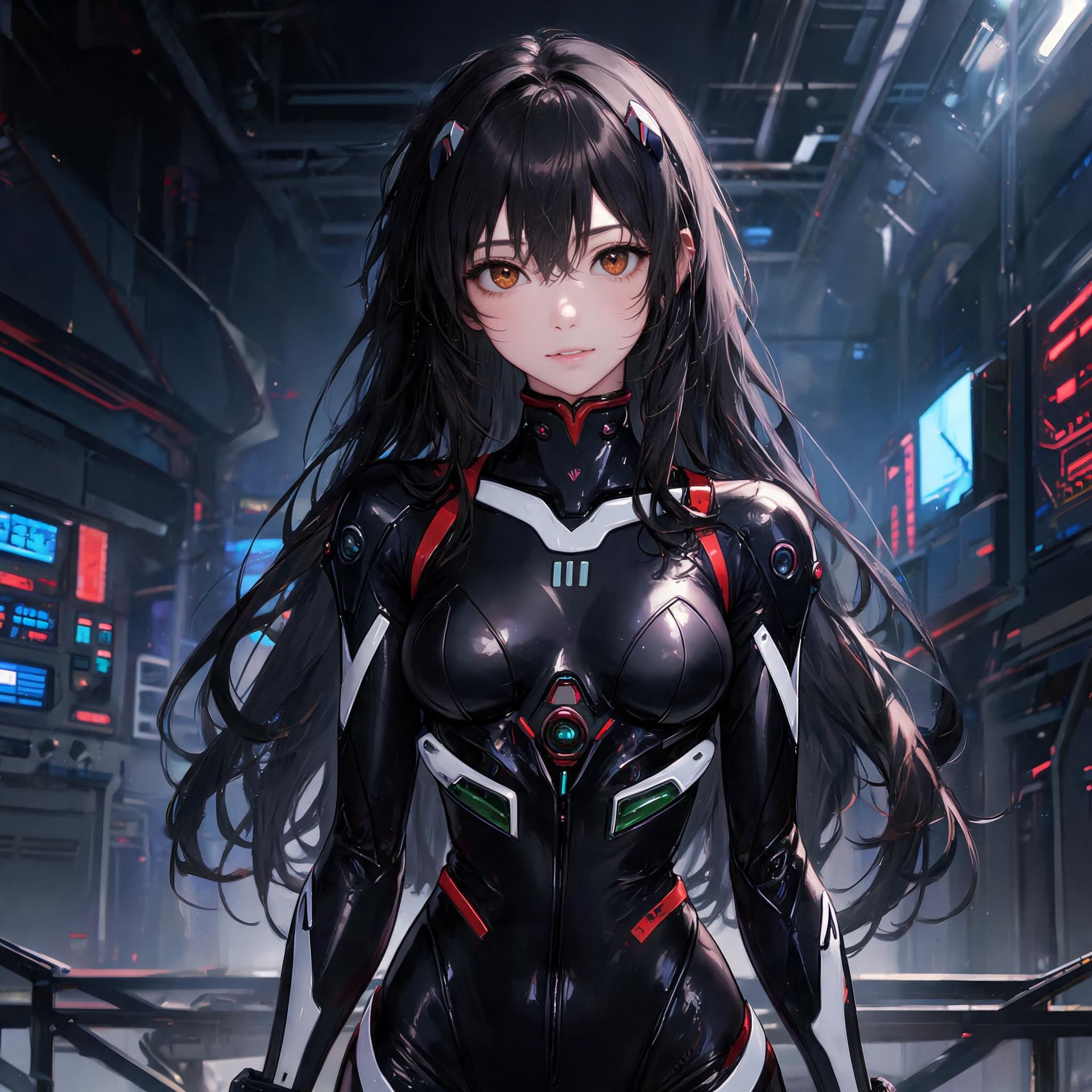 AI generated: Hyper realistic painting of a beautiful girl in an black EVA plugsuit,hyper detailed,anime,by greg r...