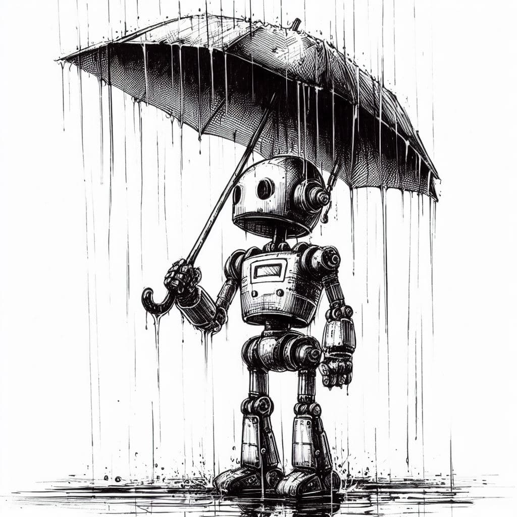 AI generated: robot holding an umbrella in the rain, ink drawing