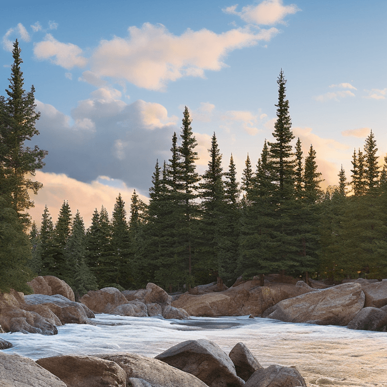 AI generated: photorealistic oil on canvas,
sparse clouds in a soaring sky, 
small blue spruce trees, rocky beach,...