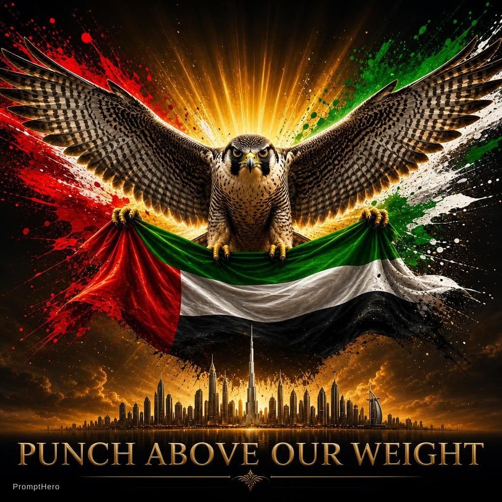 AI generated: Create a majestic falcon with its wings spread wide, proudly holding the UAE flag. Behind it, a gold...