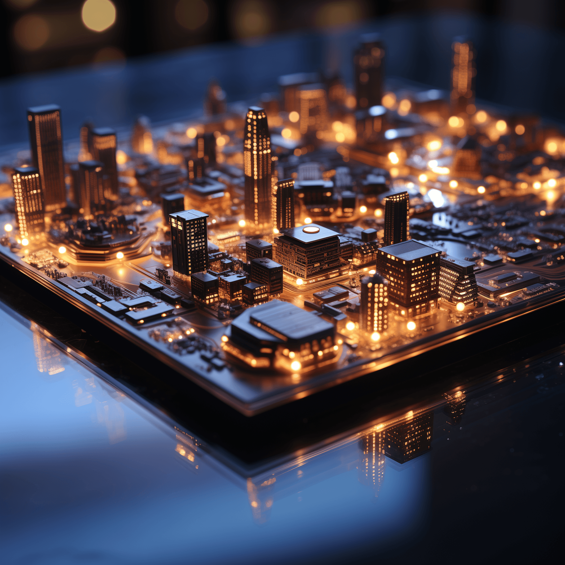AI generated: City Buildings but they are made of microchip and motherboard design, city buildings looking like PC...