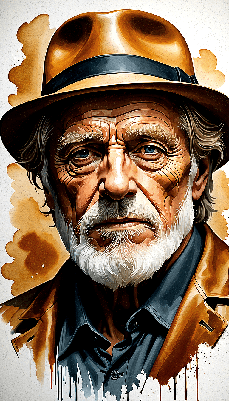 AI generated: portrait of an elderly man with painted face in golden brown with white outline, monumental ink pain...