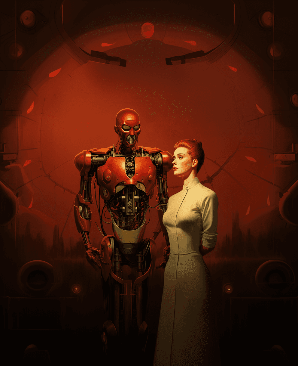 AI generated: book review for the rebirth of human ep 5 robots and machines, in the style of mid-century illustrat...