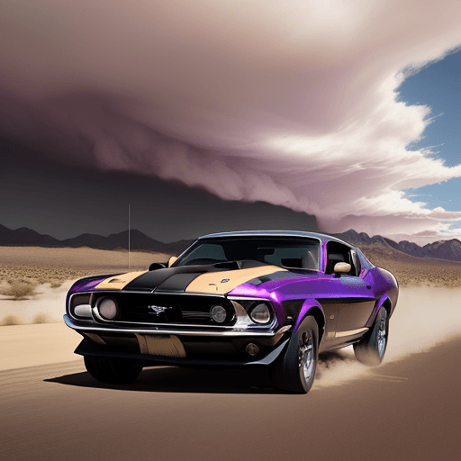 AI generated: muscle car 1970 
 mustang black with boysenberry purple raceing strips. going 80 mph. in a desert du...