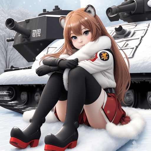 AI generated: taiga aisaka, anime, sit on snowy tank and hug gun turret, winter red school uniform, long hair, hig...