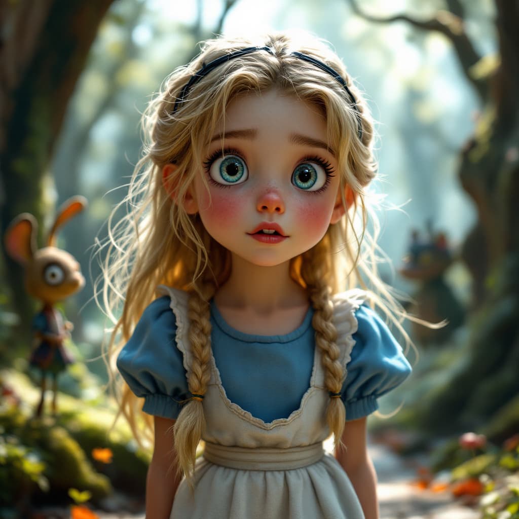 AI generated: Alice is a curious and adventurous young girl with blonde hair, dressed in a blue dress with a white...