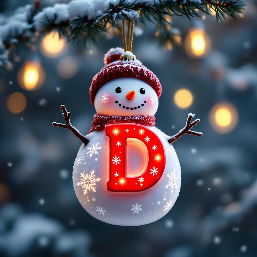 AI generated: “A cute Christmas snowman ornament featuring a bright red letter D and festive snowflakes, hanging f...
