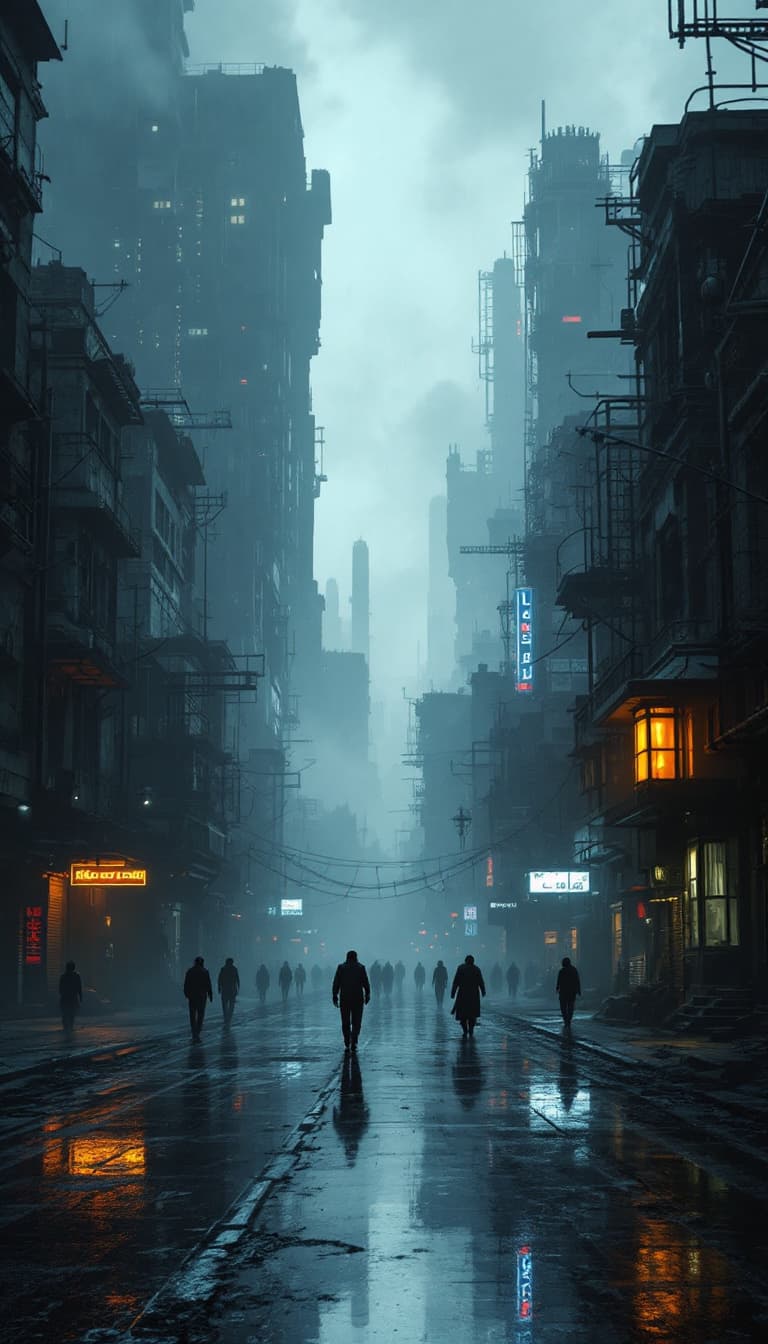 AI generated: Hyperrealistic, hellish, dystopian, decaying buildings, futuristic street scene, 
with a futuristic ...