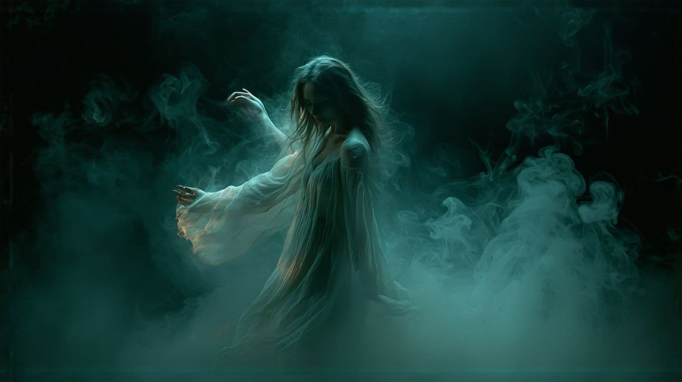 AI generated:  A hyper-realistic, cinematic image of a beautiful ghostly woman, her nude form gracefully cloaked i...