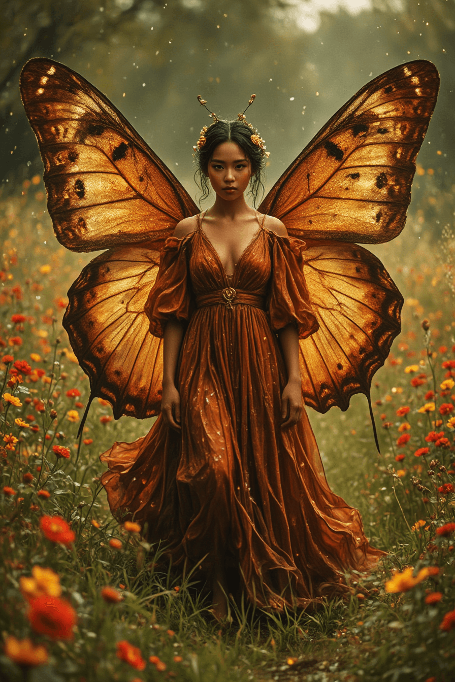 AI generated: immaculate fantasy image of a beautiful angel with giant brown and gold butterfly wings. She has a l...