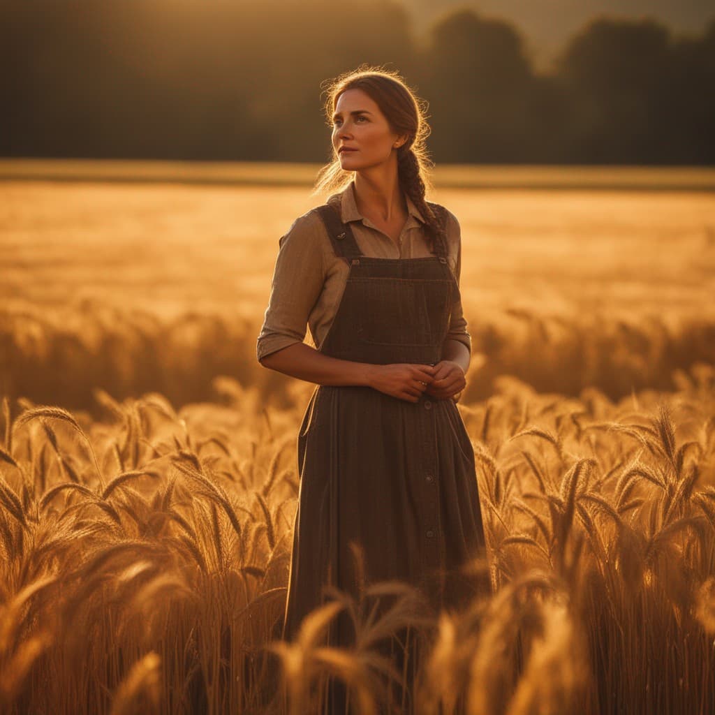 AI generated: A resilient woman farmer stands amidst golden wheat, her face bathed in the warm glow of sunset. Her...