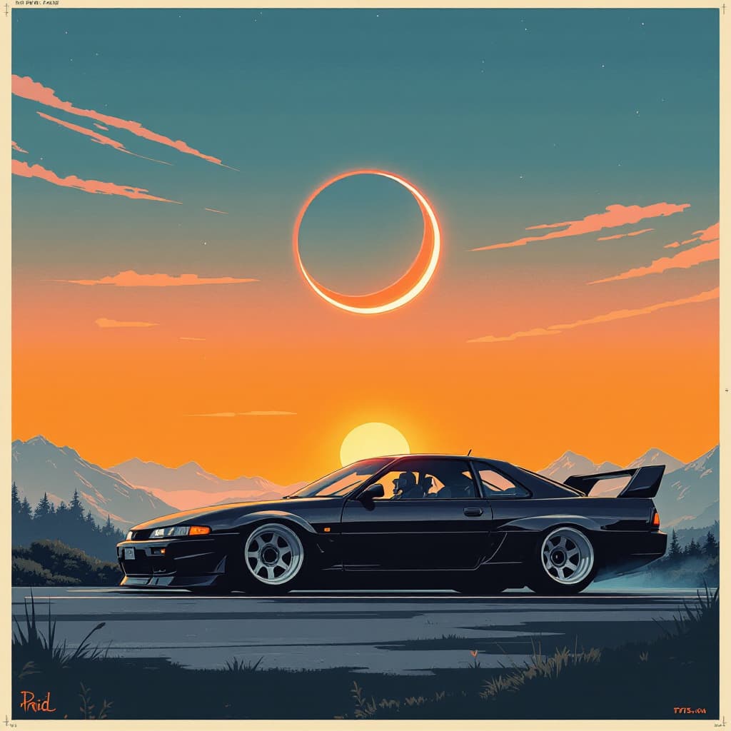 AI generated: void pursuit
old JDM car
looking at camera
eyes90's poster
small eclipse
