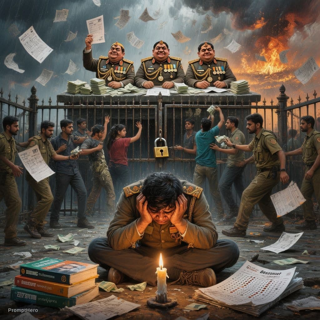 AI generated: The Weight of a Stolen Dream — NEET Paper Leak, India 2024
Oil painting in the style of Théodore Gér...
