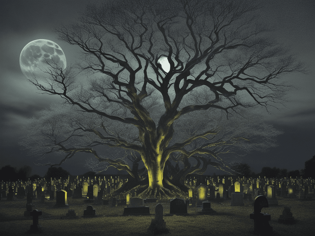 AI generated: The image depicts a hauntingly beautiful graveyard scene at night, with a full moon casting an eerie...