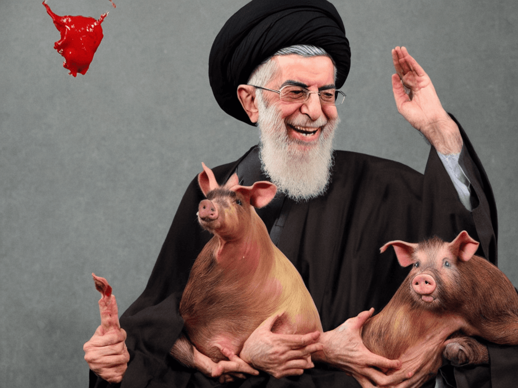 AI generated: portrait of ali khamenei holding a pig and laughing with blood all his body 