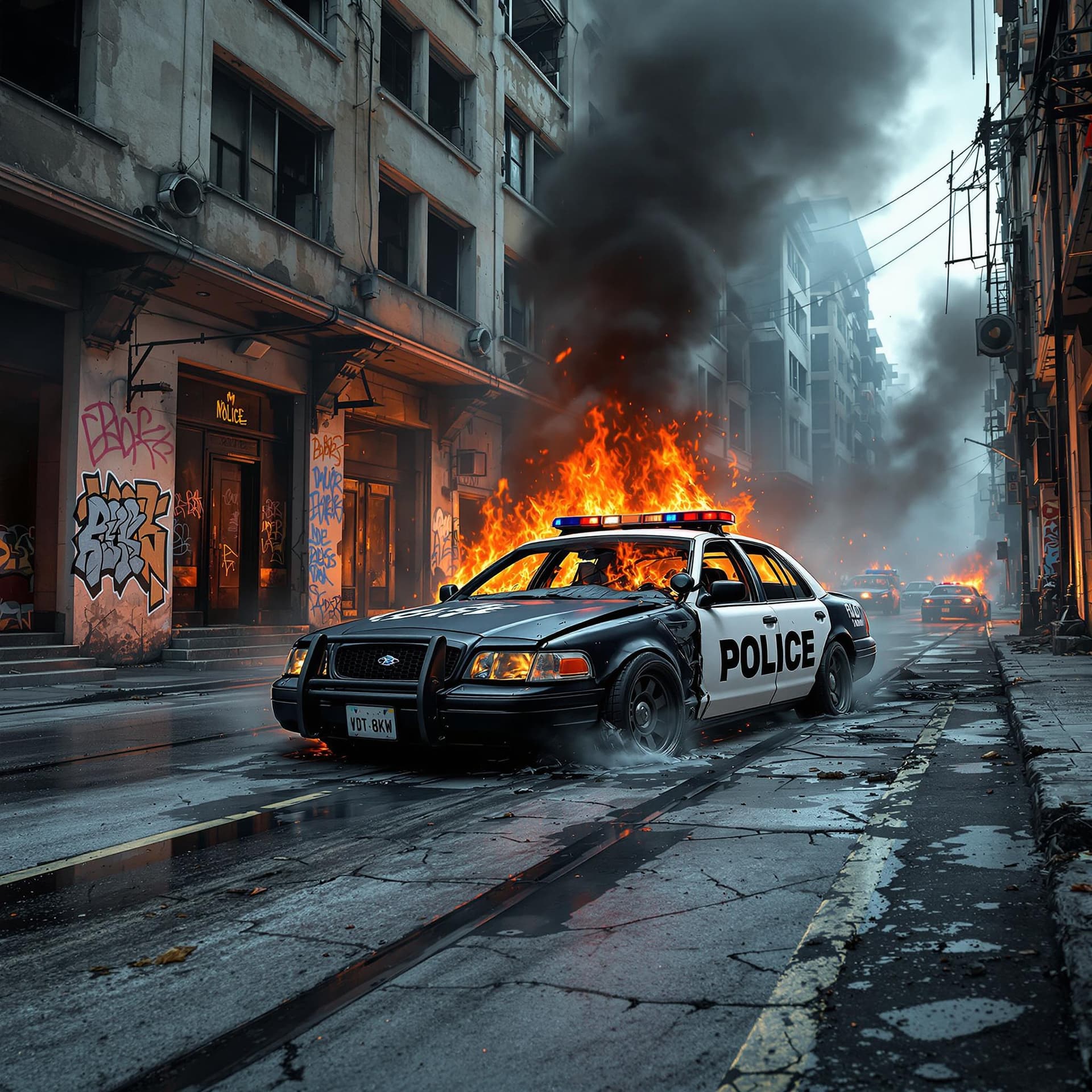 AI generated: destroyed police car broken down in the middle of abandoned urban buildings with some graffiti on th...