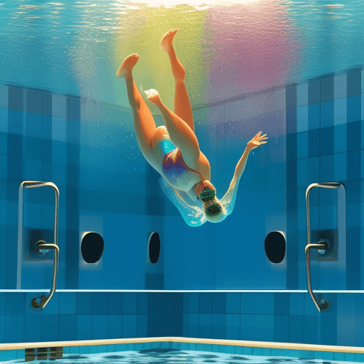 AI generated: A translucent multicoloured  jelly swimming pool..... a person diving into the pool and bouncing off...
