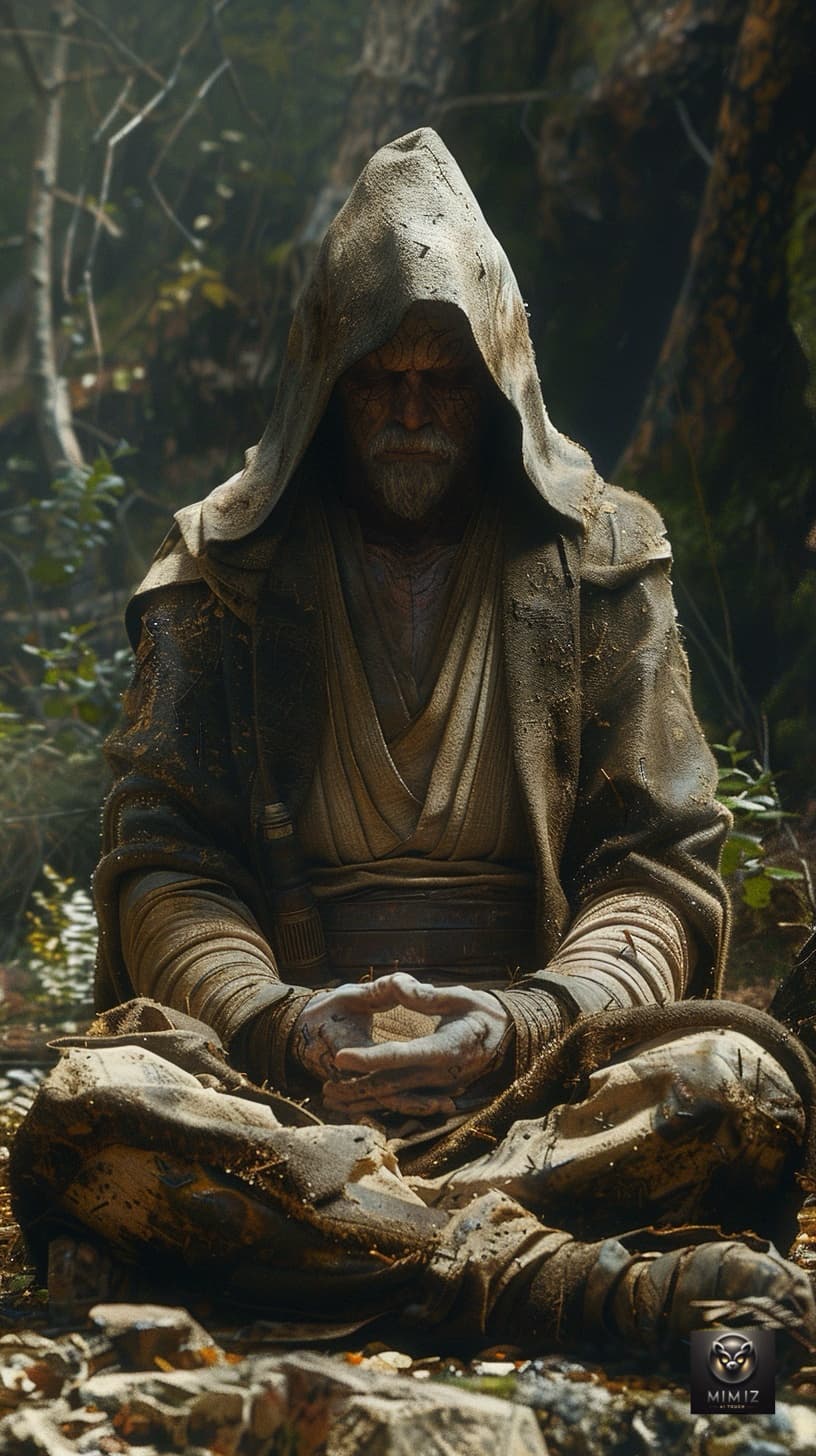 AI generated: A Jedi meditating after a battle in Endor, his skin shows fight wounds, his face is calm though tire...