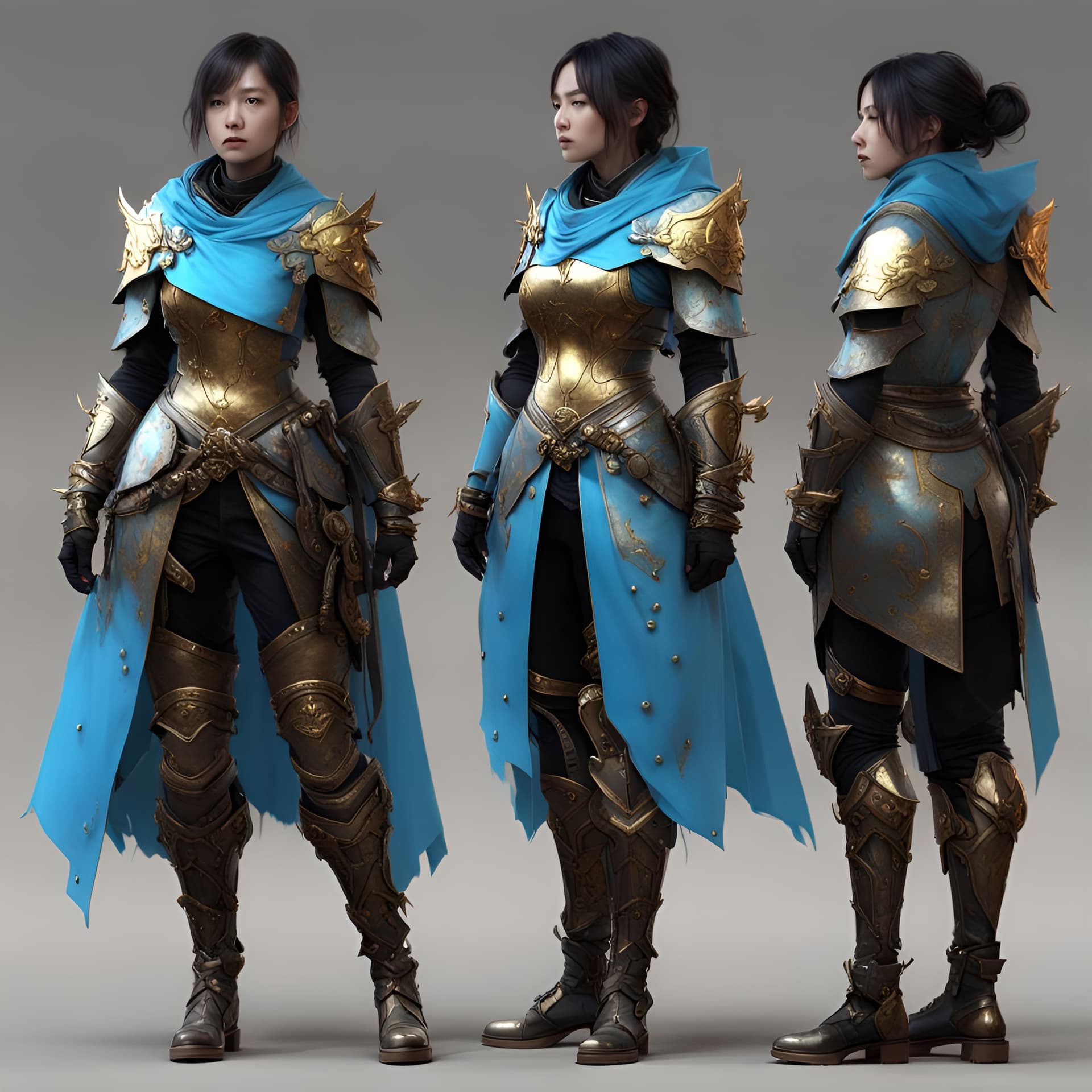 AI generated: A full body shot of 1 woman in 3 different mannequin figure poses, wearing a mix between Medieval an...