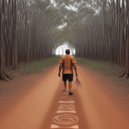 AI generated: photo of a person finding his way home using Aboriginal songlines.