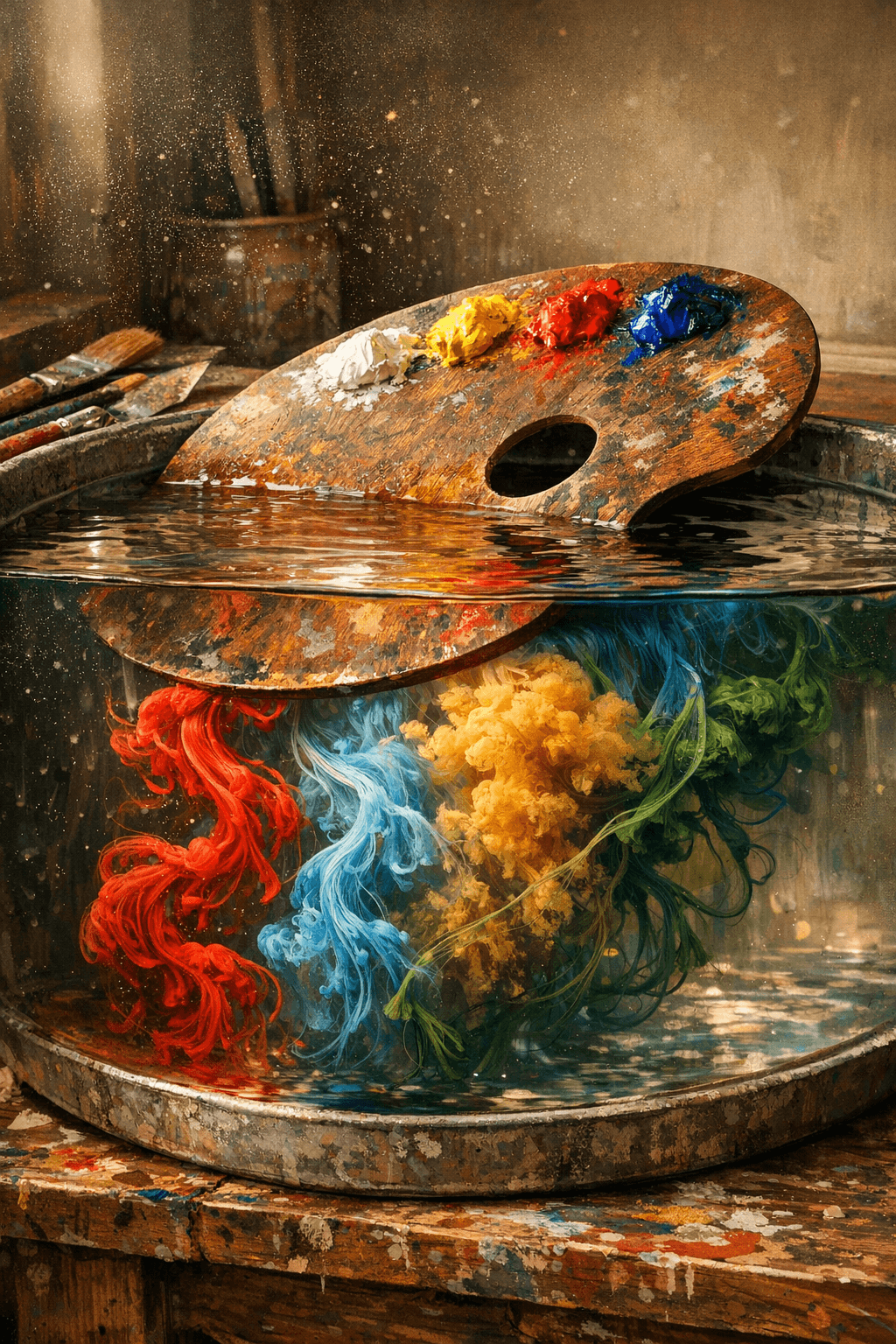 AI generated: A weathered wooden artist's palette slips beneath the surface of a still studio water basin, half-su...