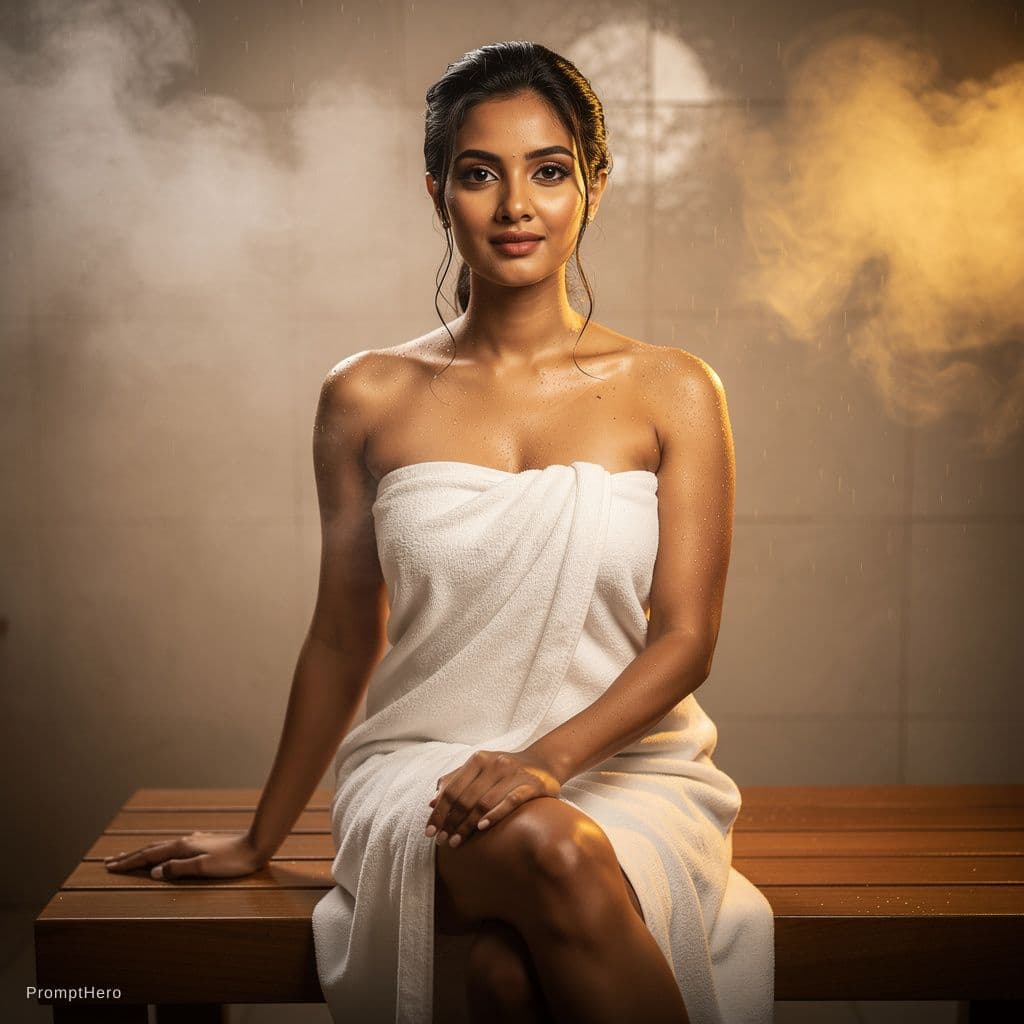 AI generated: A glamorous Indian woman wrapped in a soft white bath towel, seated gracefully in a steam room sauna...