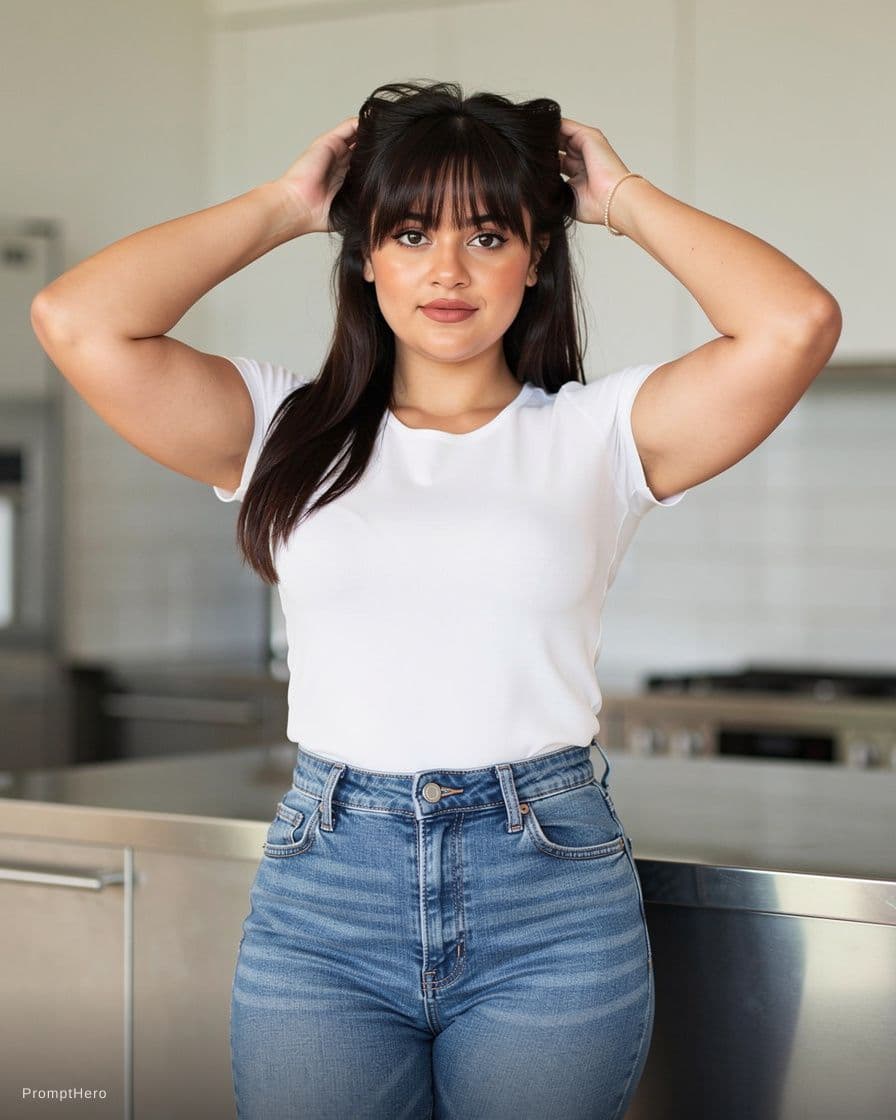 AI generated: Photorealistic portrait of a young brunette woman standing in a modern kitchen, wearing a two piece ...