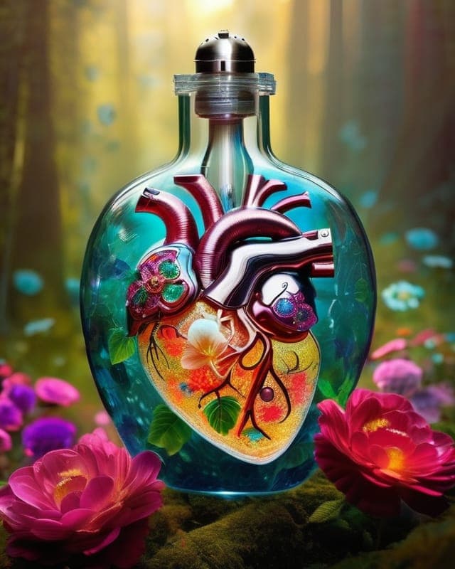 AI generated: a magnificent intricate fully transparent beautiful bottle, within the bottle is a mesmerizingly int...