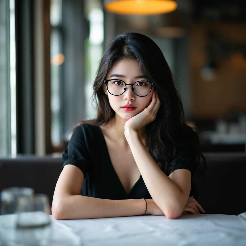 AI generated: Full body photo of Risa, a Japanese girl, wearing a black short-sleeved long dress, Make a solemn ex...