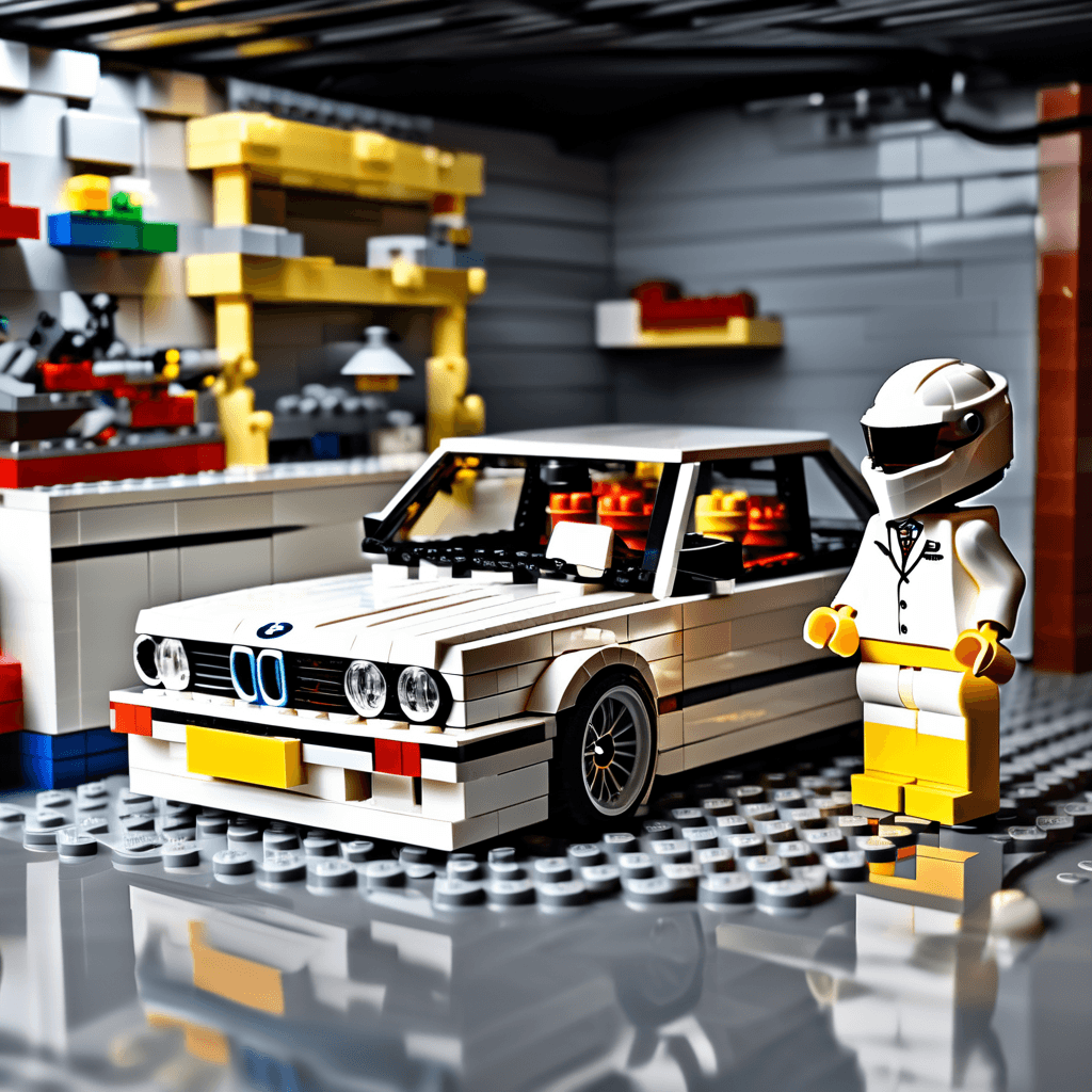 AI generated: A Lego car, a white bmw e30 in the garage, next to it stands a lego man in a white suit and a white ...