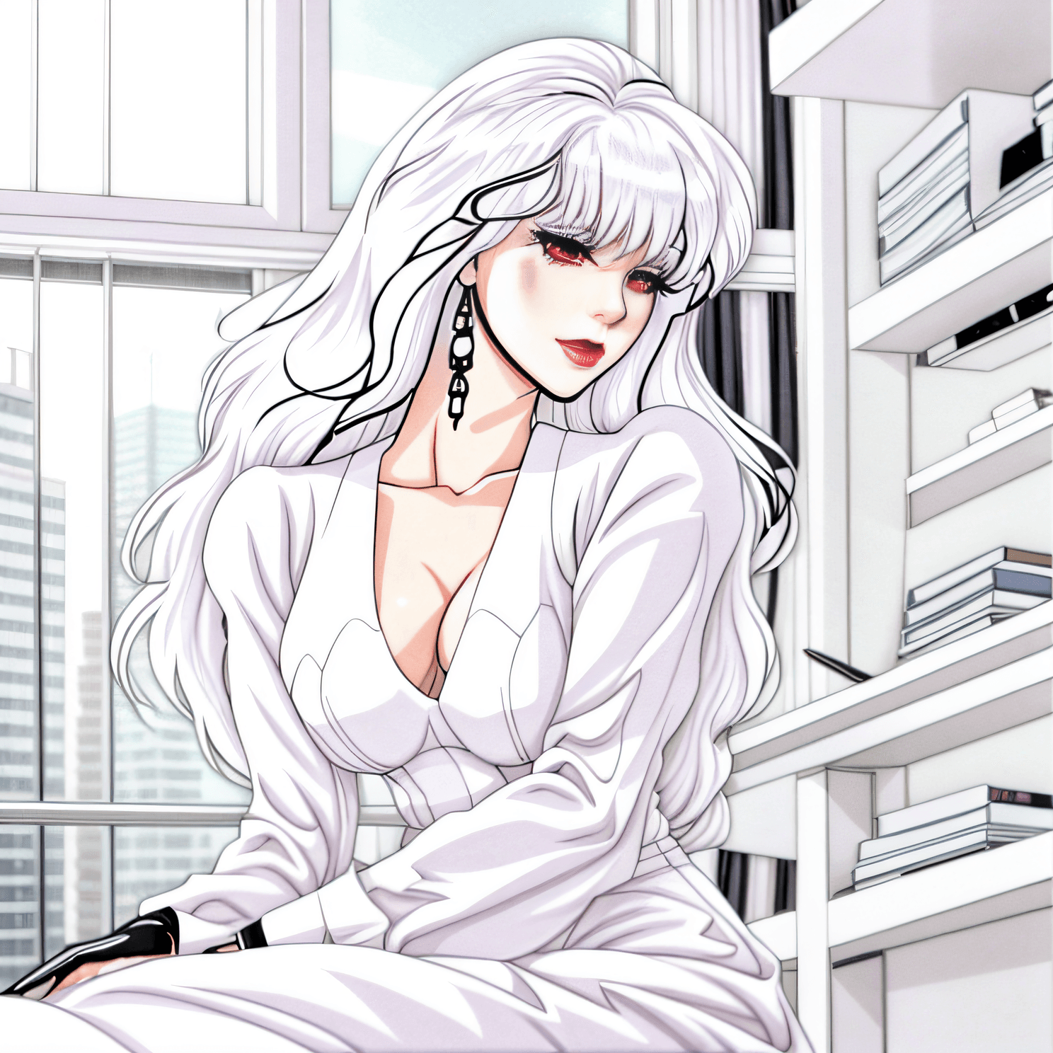 AI generated: a close up of a woman sitting on a chair in a room, white haired lady, anime girl wearing a black dr...