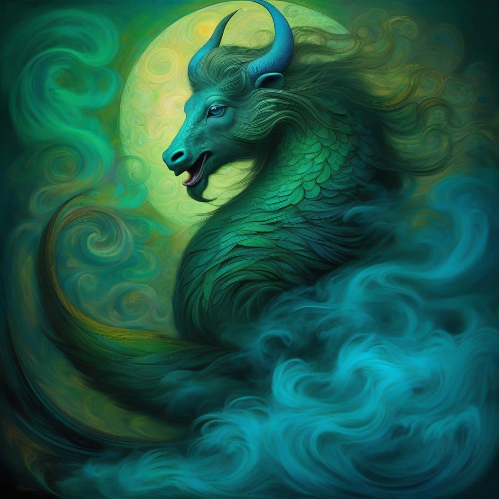 AI generated: wise, zen, mitras-cult, moon-eyed, feathered, Minotaurus, coming out of the dark, blue green smoke, ...