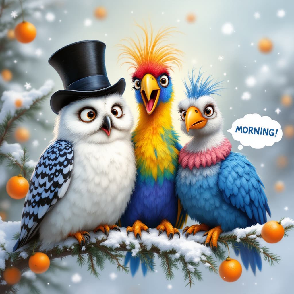 AI generated: Airbrushed oil painting, Disney Pixar style, depicts three funny, cartoon birds polar owl, colorful ...