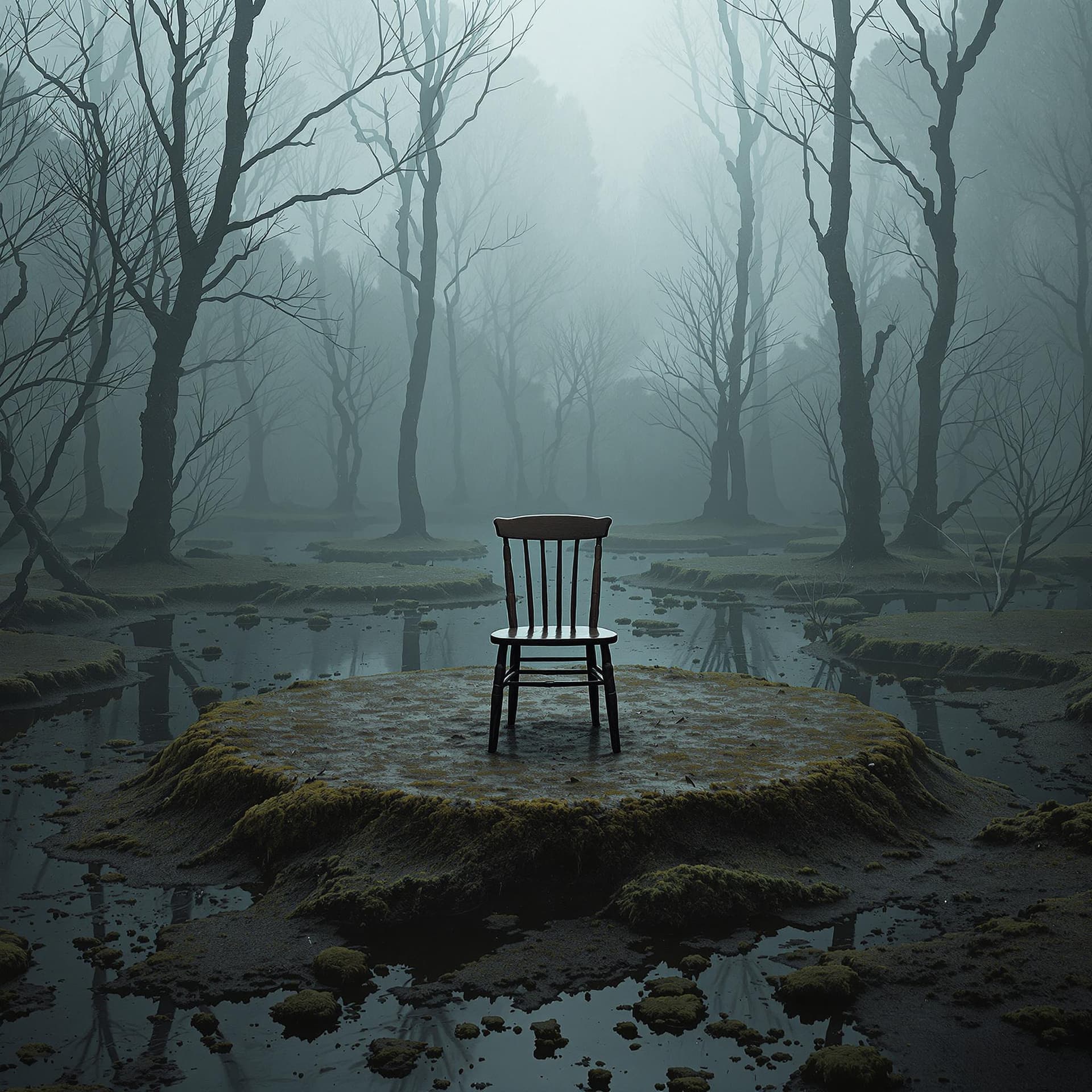 AI generated: 3d render, 3d scene, 3d render scene, endless dark swamps full of mud and moss, on an island of mud ...