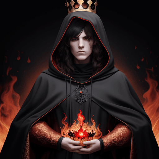 AI generated:  person wearing a black cloak with a hood and a red and gold crown with flames on top. The person ha...